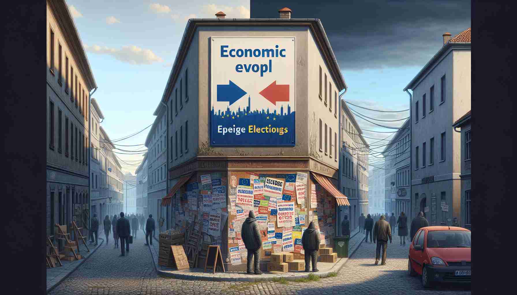 A high-definition, realistic image showcasing the economic turmoil in a generic European country. Depict a striking contrast between prosperous and struggling areas, symbolizing economic disparity. Illustrate posters announcing upcoming elections, implying potential changes, hung on walls and bulletin boards. Please keep the environment distinctly European, with typical architecture, streets, and surroundings. Avoid any direct or indirect representations of real politicians or identifiable individuals.