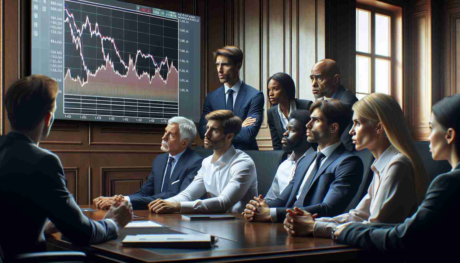 Create a realistic high-definition image illustrating the concept of investors being on edge about potential major changes in the financial market. The image should show a group of diverse investors of various genders and descents. They could be in a meeting room, looking concerned and discussing while looking at a large screen displaying a graph indicating the 10-Year Treasury Yield approaching 5%. Use visual elements to communicate tension and uncertainty, such as intense facial expressions and an atmosphere charged with seriousness.