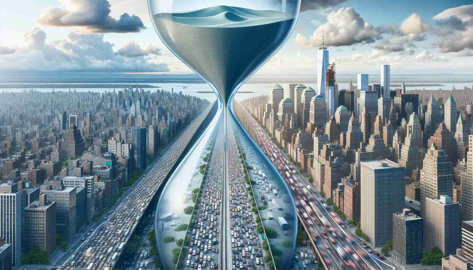 Imaginative representation showing the concept of New York’s Congestion Pricing Plan in action. Depict a bustling New York cityscape with dense traffic on one side. On the other side, visualize a smoother flow of traffic illustrating the successful implementation of the plan. Include a large hourglass looming over the scene, symbolizing the uncertainty of whether the success will last. Please render the image in high-definition realism.