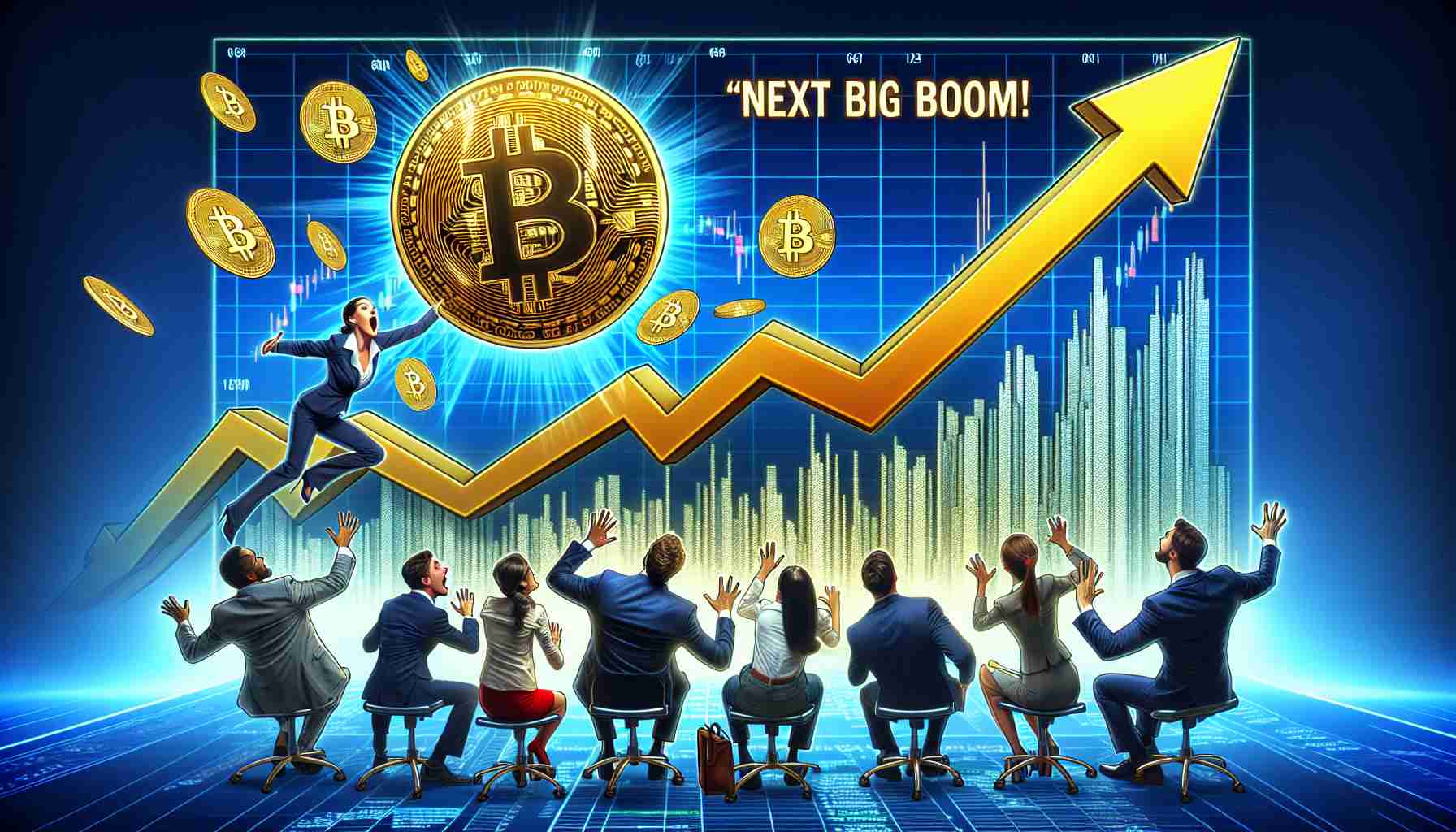 A high-definition, realistic illustration symbolizing the 'Next Big Boom' in Bitcoin. Picture a stock market graph skyrocketing upwards dramatically with golden Bitcoin symbols. There should also be a couple of investors both male and female, of various descents, anxiously looking at the graph from the edge of their seats, embodying the concept of tension and anticipation in the financial world.