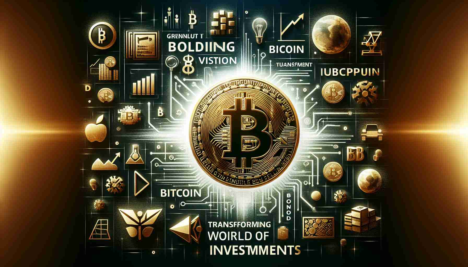 Generate a high definition, realistic image depicting the concept of a bold vision for Bitcoin transforming the world of investments. Include visual symbols that represent boldness, transformation, Bitcoin, and investments. Keep suspense with visual elements that hint at unexpected, upcoming changes without revealing them.