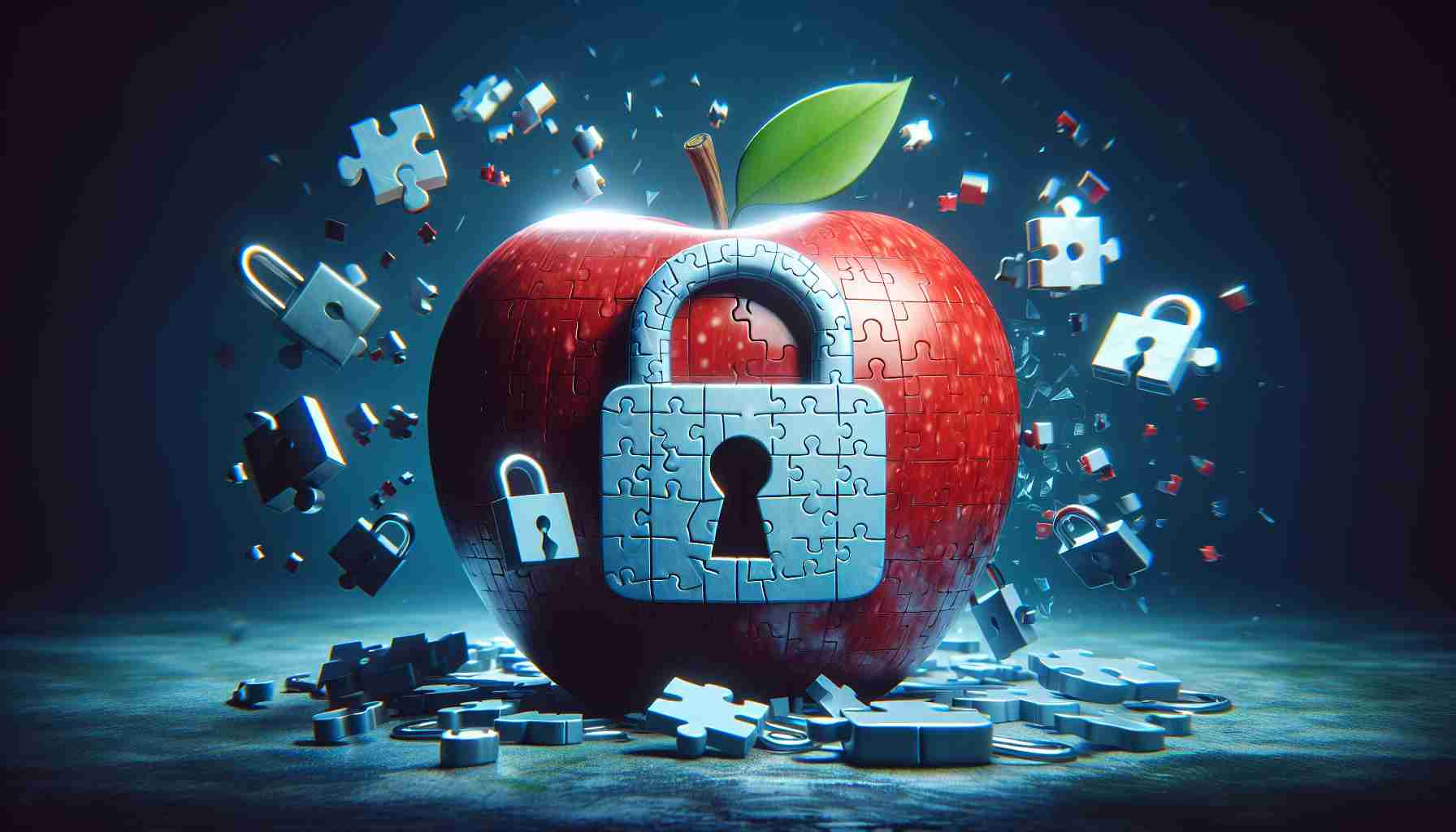 High definition, realistic image of an apple symbolizing a major company facing a possible settlement. This image conveys a sense of privacy at risk, possibly incorporating visual symbols such as broken locks, disassembled puzzles, or shattering glass to signify vulnerability and exposure.