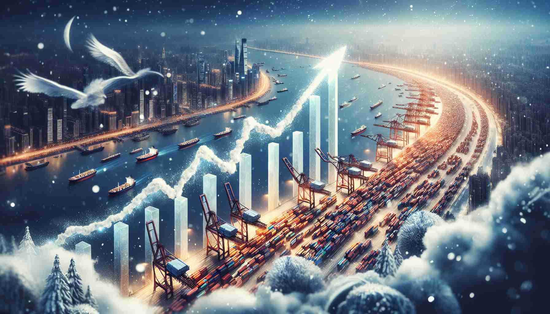 An atmospheric high-definition image representing the concept of December Surprise: a surge in China's trade numbers. This could incorporate visual metaphors such as a bar graph rising like a rocket or a silk road heavily laden with goods, the graph or road showing a positive trend. The background can be an aerial view of bustling Chinese ports, with many ships carrying goods. To clarify the time of year, include elements of winter festivities such as snowflakes subtly falling on the scene.