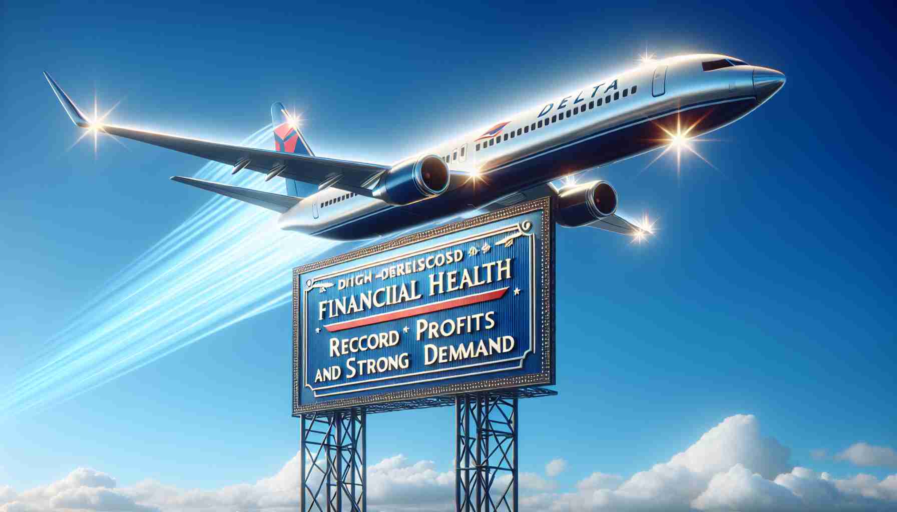 A high-definition, realistic image portraying robust financial health and thriving passenger demand. Illustrate a symbolic representation of a high-flying airplane inscribed with the name 'Delta Air Lines' on a clear blue sky background, along with a banner in the distance showing 'Record Profits and Strong Demand'. The airplane should be gleaming, signifying success and prosperity.