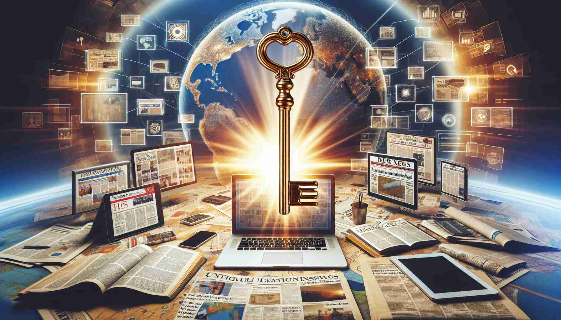 An ultra high-definition photo illustrating the concept of gaining access to premium insights. Depict an array of international newspapers and news websites displayed on various electronic devices like laptops, smartphones, and tablets. Overlay this scene with a large, stylized gold key symbolizing 'unlocking'. Make the key look like it's radiating light, signifying the valuable insights being unlocked. Incorporate elements that suggest a global perspective, like a globe or map in the background.