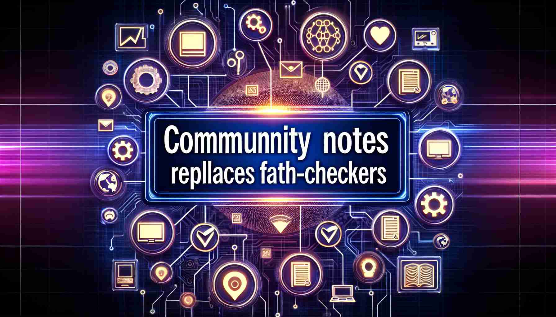 Create a high definition, realistic image of a major technology company announcing a new feature called 'Community Notes', replacing their previous fact-checkers system. This image should ideally contain a large, prominent headline stating 'Community Notes Replaces Fact-Checkers', alongside visual elements associated with the tech company and the new feature. Include symbols, like computers, network graphics or tech-themed icons, and vibrant colors to evoke a sense of excitement and innovation.