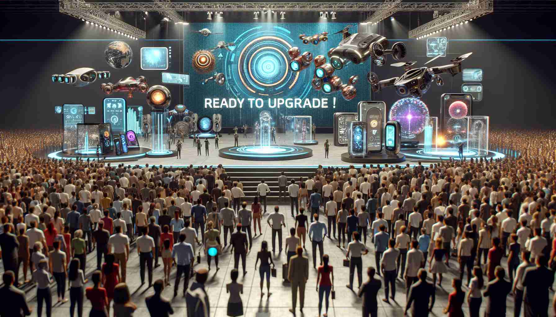 An ultra-high-definition image capturing the grand reveal of the most anticipated technological gadgets of 2025. The scene unveils a futuristic tech expo with a diverse set of innovative devices displayed, ranging from virtual reality headsets, smart wristbands, advanced drones, to sophisticated robotic assistants. A banner overhead reads 'Get Ready to Upgrade!' and the crowd of tech enthusiasts of various ages, genders, and descents eagerly await the presentation.